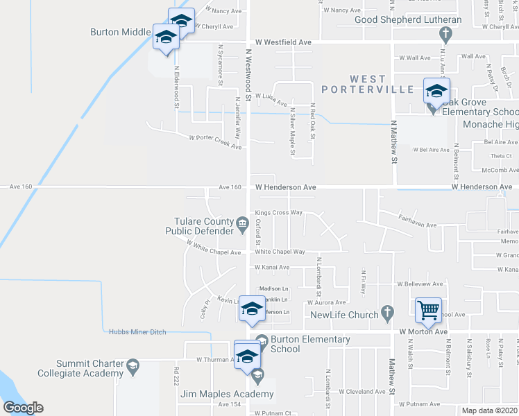 map of restaurants, bars, coffee shops, grocery stores, and more near 2310 Kings Cross Way in Porterville