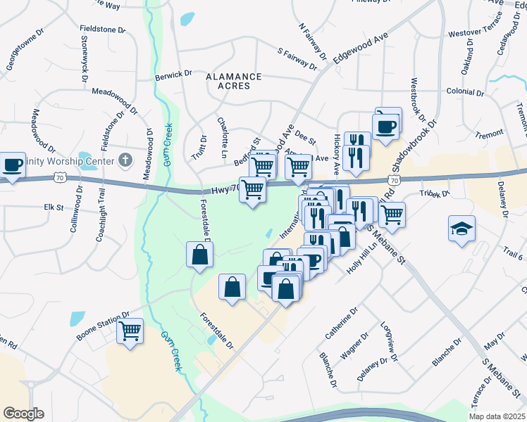 map of restaurants, bars, coffee shops, grocery stores, and more near 2966 South Church Street in Burlington