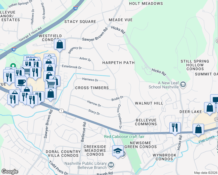 map of restaurants, bars, coffee shops, grocery stores, and more near 7400 Harness Drive in Nashville