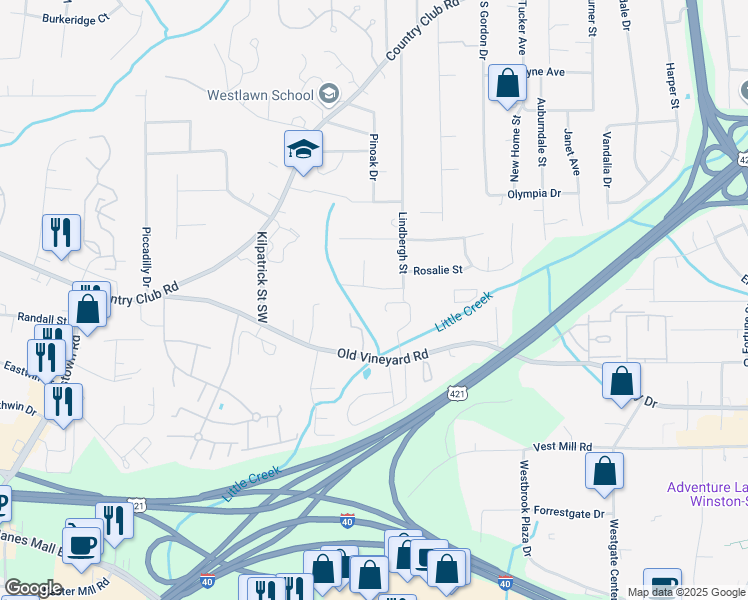 map of restaurants, bars, coffee shops, grocery stores, and more near 4204 Rosalie Street in Winston-Salem