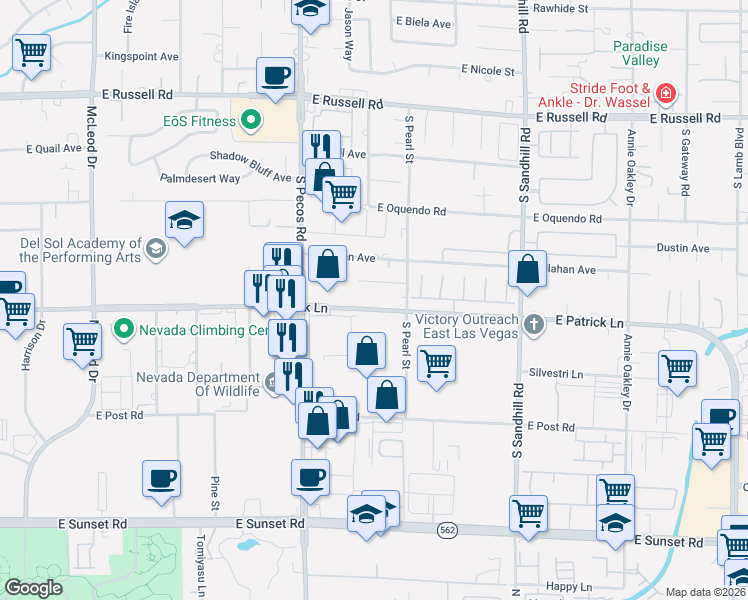 map of restaurants, bars, coffee shops, grocery stores, and more near 3544 East Patrick Lane in Las Vegas