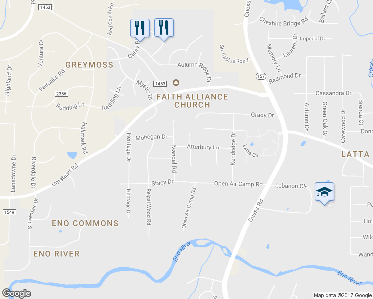 map of restaurants, bars, coffee shops, grocery stores, and more near 4817 Guinevere Court in Durham