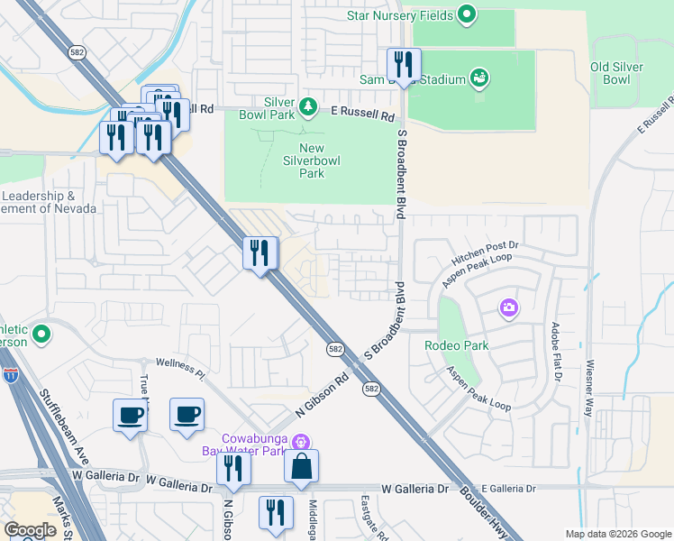 map of restaurants, bars, coffee shops, grocery stores, and more near 6043 Alachua Street in Henderson