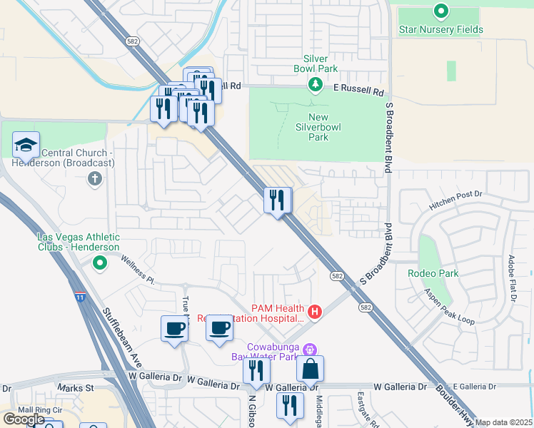 map of restaurants, bars, coffee shops, grocery stores, and more near 6649 Tumbleweed Ridge Lane in Henderson