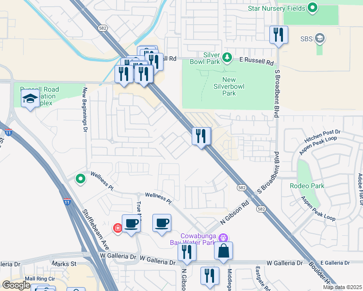 map of restaurants, bars, coffee shops, grocery stores, and more near 6584 Strolling Plains Lane in Henderson