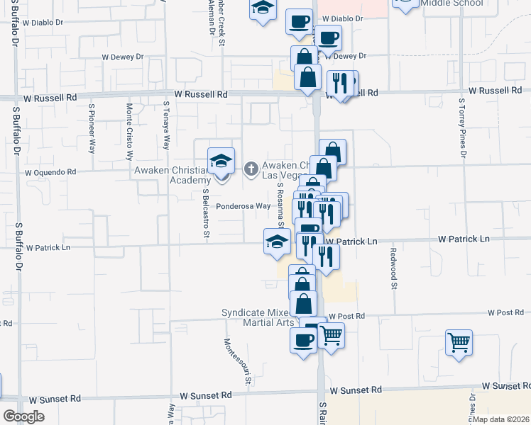 map of restaurants, bars, coffee shops, grocery stores, and more near 6007 Tea Light Court in Las Vegas