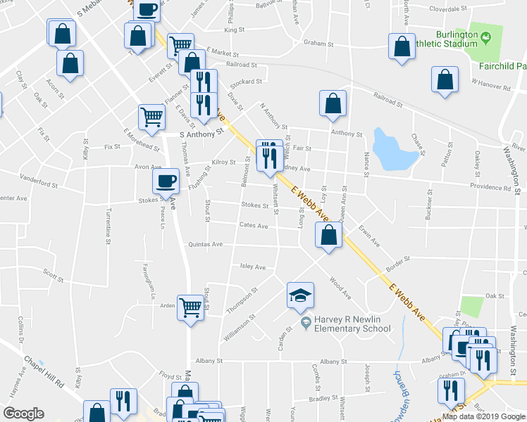 map of restaurants, bars, coffee shops, grocery stores, and more near 316 Stokes Street in Burlington