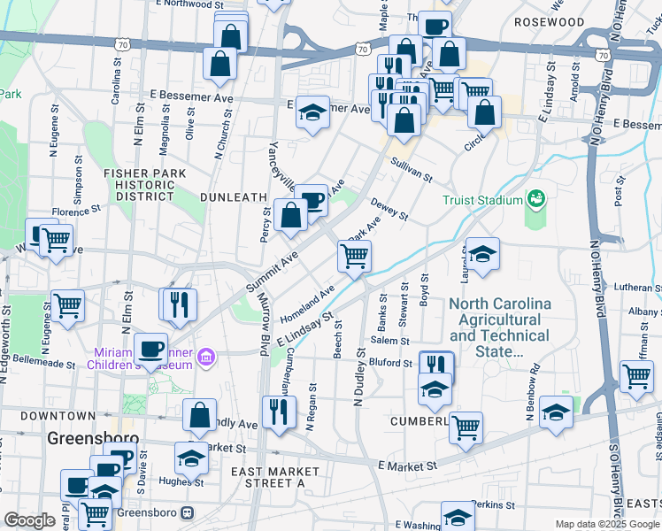 map of restaurants, bars, coffee shops, grocery stores, and more near 609 Park Avenue in Greensboro
