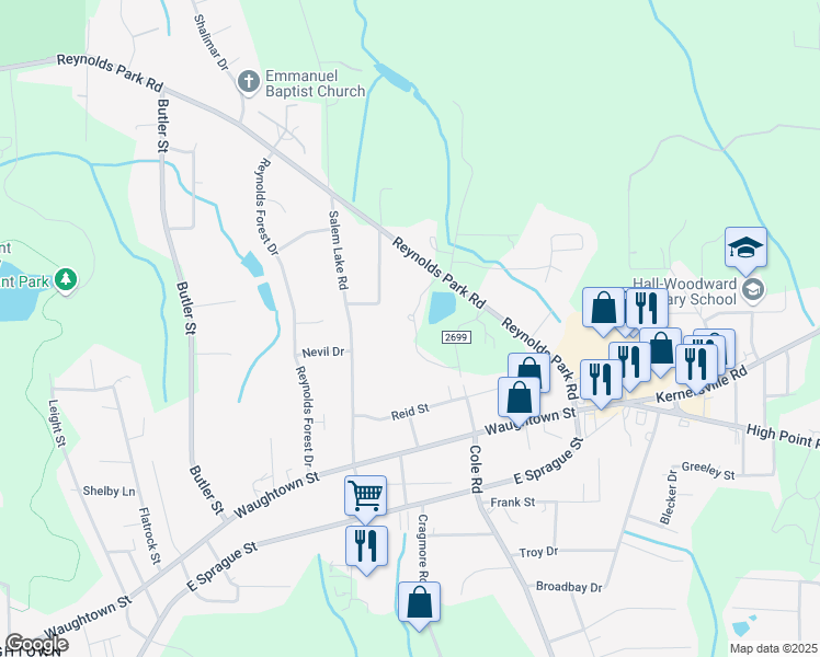 map of restaurants, bars, coffee shops, grocery stores, and more near 1231 Rhue Road Southeast in Winston-Salem