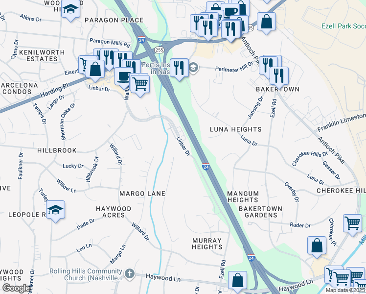 map of restaurants, bars, coffee shops, grocery stores, and more near 5174 Linbar Drive in Nashville