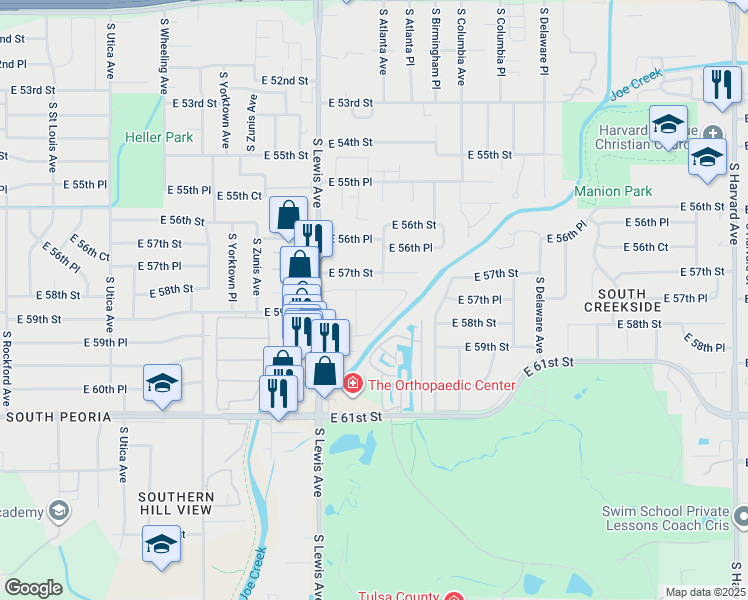 map of restaurants, bars, coffee shops, grocery stores, and more near 5721 South Lewis Avenue in Tulsa