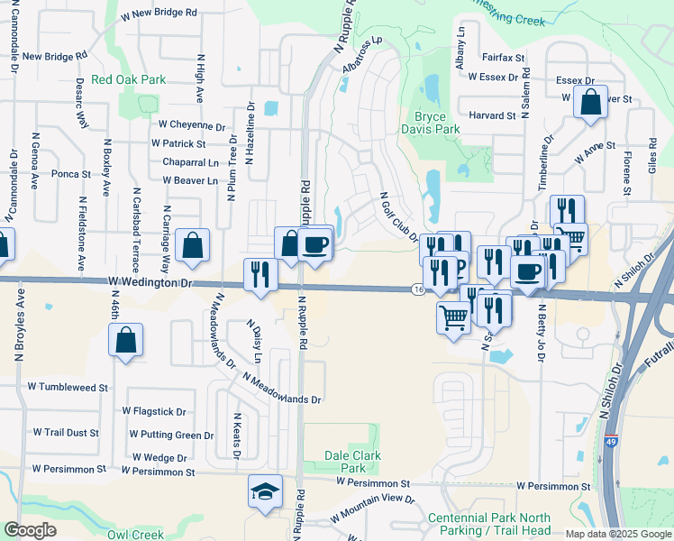 map of restaurants, bars, coffee shops, grocery stores, and more near 1192 North Rupple Road in Fayetteville