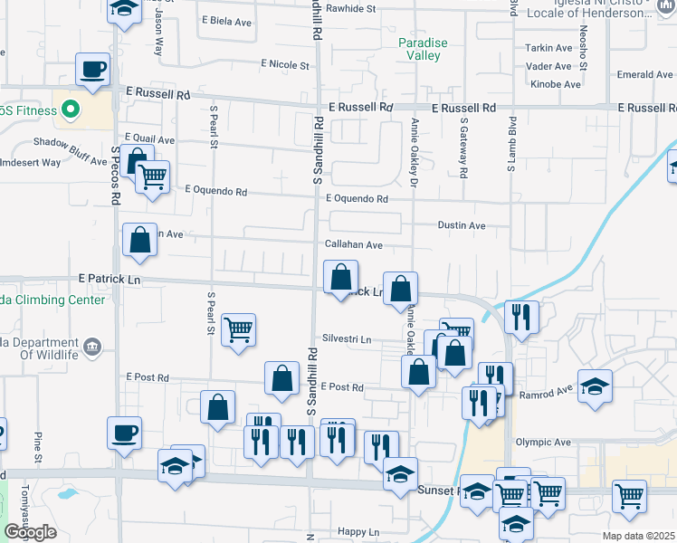 map of restaurants, bars, coffee shops, grocery stores, and more near 3842 East Patrick Lane in Las Vegas