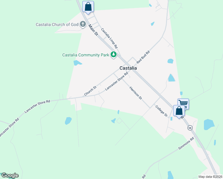 map of restaurants, bars, coffee shops, grocery stores, and more near 10795 Lancaster Store Road in Castalia