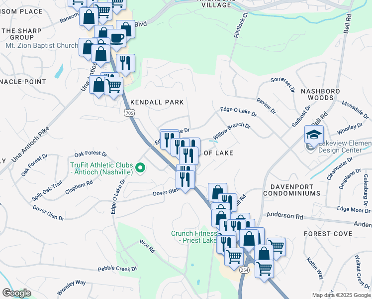 map of restaurants, bars, coffee shops, grocery stores, and more near 2600 Lakevilla Drive in Nashville
