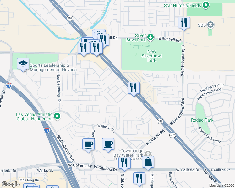 map of restaurants, bars, coffee shops, grocery stores, and more near 6584 Strolling Plains Lane in Henderson