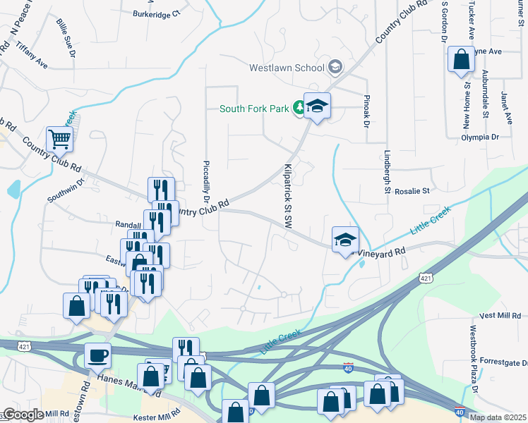 map of restaurants, bars, coffee shops, grocery stores, and more near 4105 Old Vineyard Road in Winston-Salem