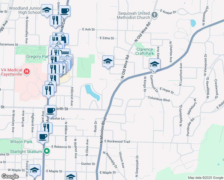 map of restaurants, bars, coffee shops, grocery stores, and more near 1245 North Mission Boulevard in Fayetteville