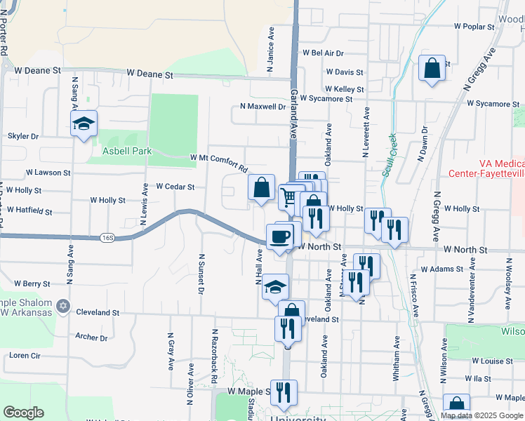 map of restaurants, bars, coffee shops, grocery stores, and more near 1211 West James Street in Fayetteville