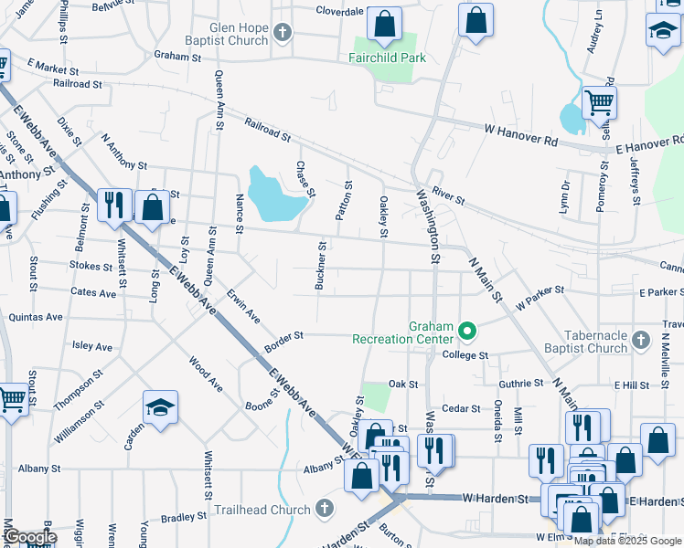 map of restaurants, bars, coffee shops, grocery stores, and more near 512 Climax Street in Graham
