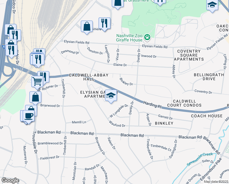 map of restaurants, bars, coffee shops, grocery stores, and more near 657 Harding Place in Nashville