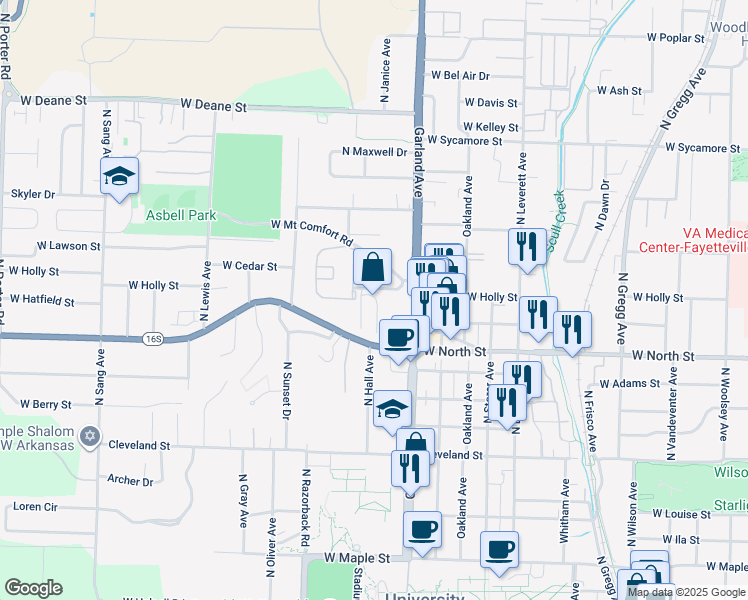 map of restaurants, bars, coffee shops, grocery stores, and more near 1211 West James Street in Fayetteville