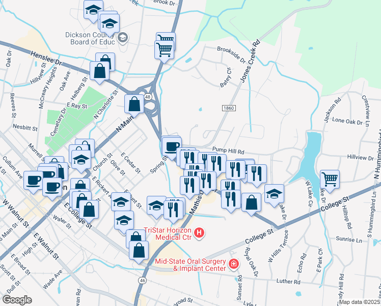 map of restaurants, bars, coffee shops, grocery stores, and more near 303 Henslee Drive in Dickson
