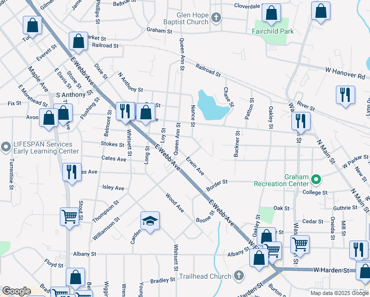 map of restaurants, bars, coffee shops, grocery stores, and more near 1610 Erwin Avenue in Burlington