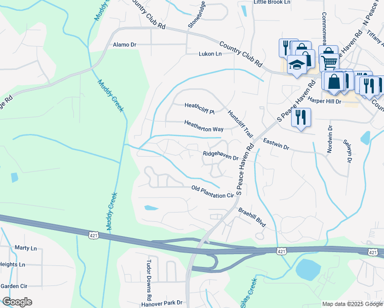 map of restaurants, bars, coffee shops, grocery stores, and more near 304 Bexley Drive in Winston-Salem