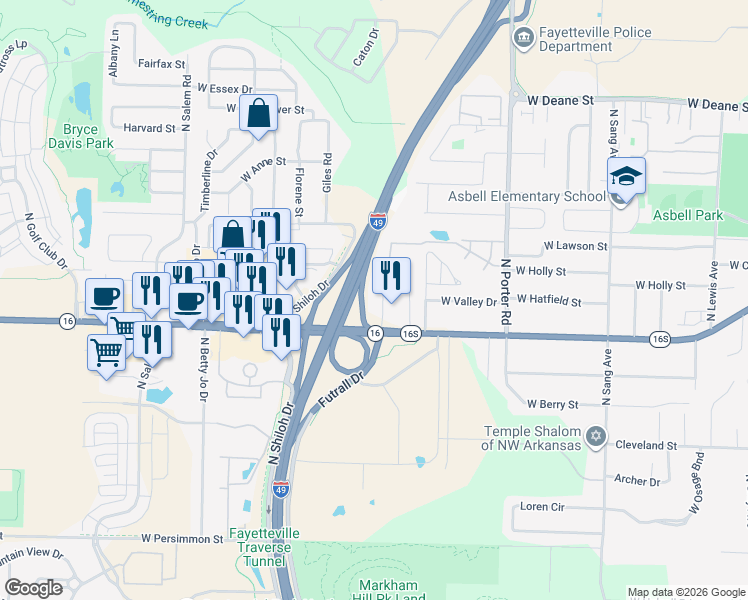 map of restaurants, bars, coffee shops, grocery stores, and more near 1205 North Futrall Drive in Fayetteville