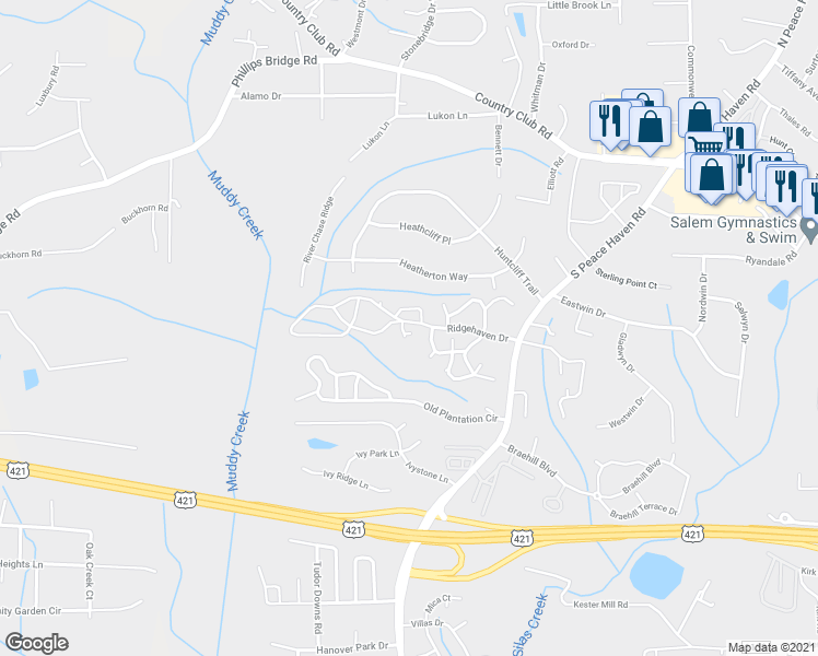 map of restaurants, bars, coffee shops, grocery stores, and more near 304 Bexley Drive in Winston-Salem