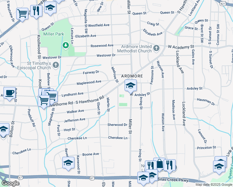 map of restaurants, bars, coffee shops, grocery stores, and more near 1016 Melrose Street in Winston-Salem