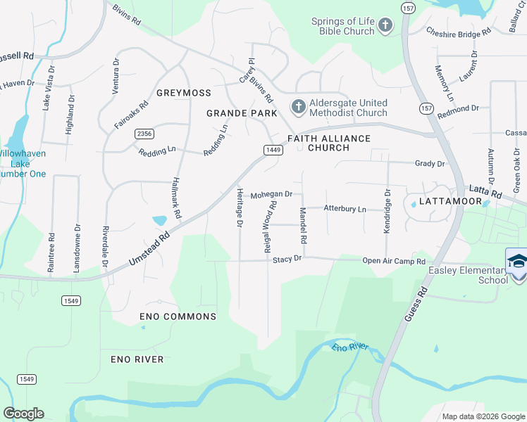 map of restaurants, bars, coffee shops, grocery stores, and more near 4911 Reigal Wood Road in Durham