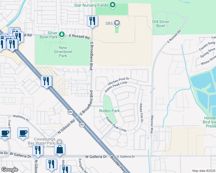 map of restaurants, bars, coffee shops, grocery stores, and more near 733 Hitchen Post Drive in Henderson