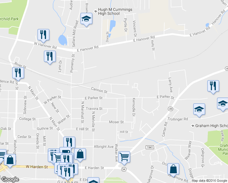 map of restaurants, bars, coffee shops, grocery stores, and more near 402 Cannon Street in Graham