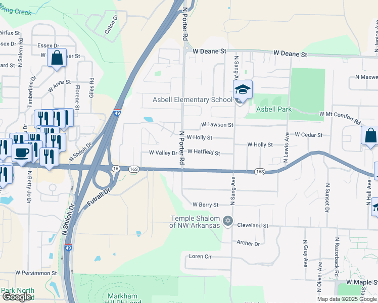 map of restaurants, bars, coffee shops, grocery stores, and more near 2367 West Hatfield Street in Fayetteville