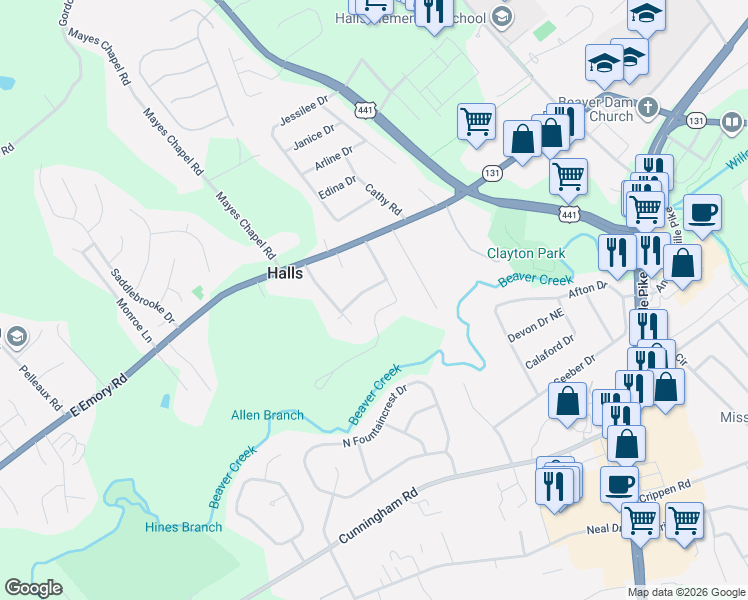 map of restaurants, bars, coffee shops, grocery stores, and more near 3716 Splendor Drive Northeast in Knoxville