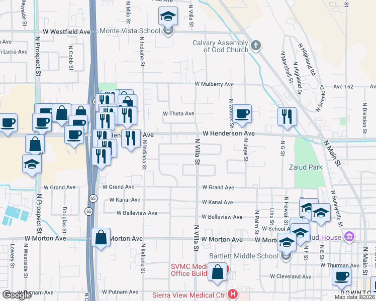 map of restaurants, bars, coffee shops, grocery stores, and more near 634 Oakmont Avenue in Porterville