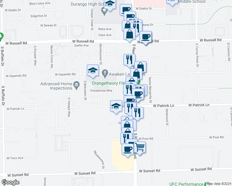 map of restaurants, bars, coffee shops, grocery stores, and more near 6017 South Rosanna Street in Las Vegas