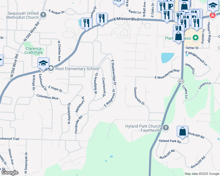 map of restaurants, bars, coffee shops, grocery stores, and more near 1315 East Ridgeway Drive in Fayetteville