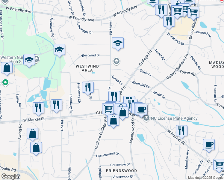 map of restaurants, bars, coffee shops, grocery stores, and more near 206 Lindley Road in Greensboro