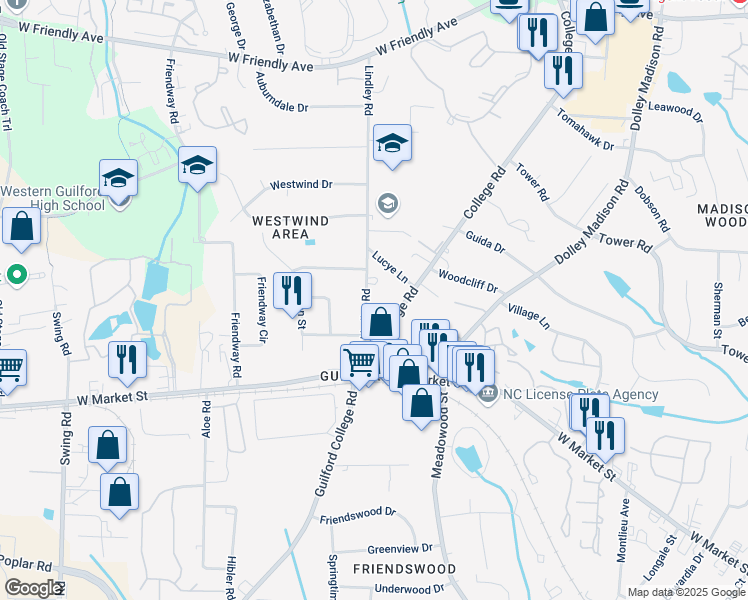 map of restaurants, bars, coffee shops, grocery stores, and more near 206 Lindley Road in Greensboro