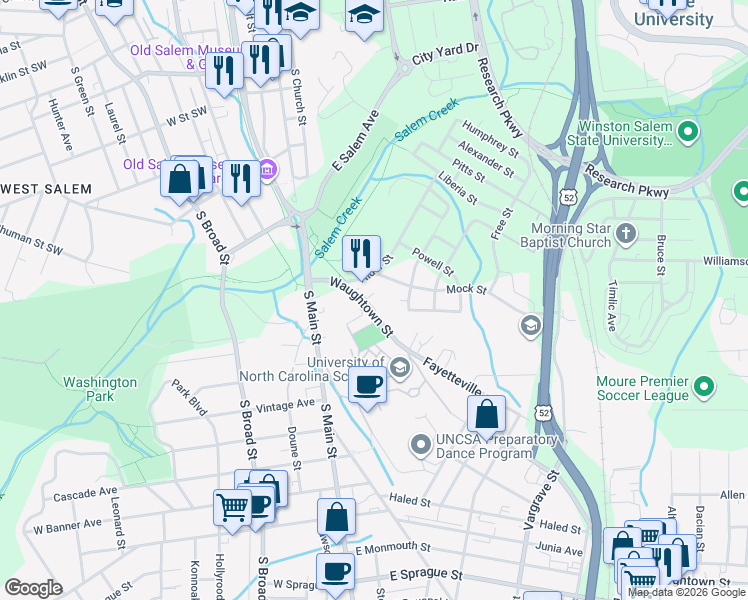 map of restaurants, bars, coffee shops, grocery stores, and more near 105 Waughtown Street in Winston-Salem