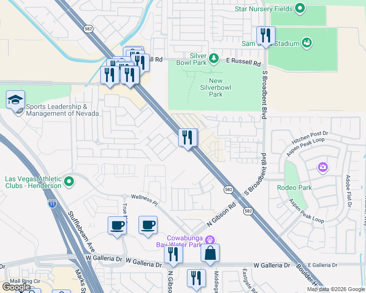 map of restaurants, bars, coffee shops, grocery stores, and more near 6649 Tumbleweed Ridge Lane in Henderson