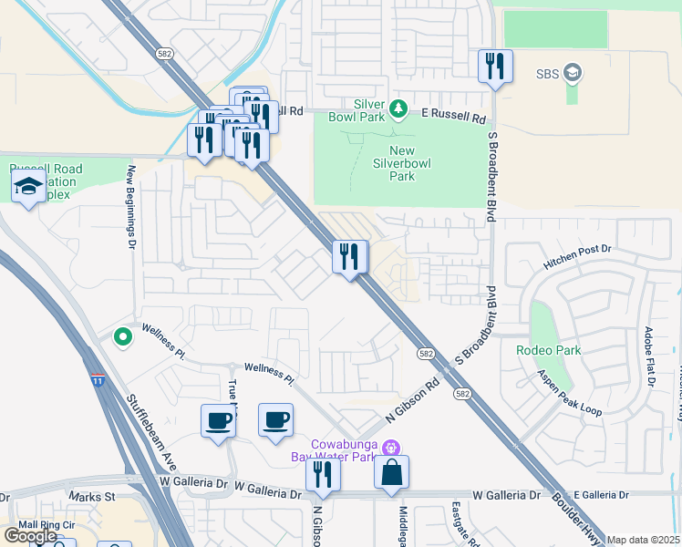 map of restaurants, bars, coffee shops, grocery stores, and more near 6649 Tumbleweed Ridge Lane in Henderson