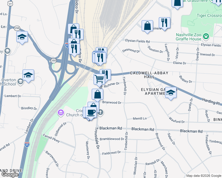 map of restaurants, bars, coffee shops, grocery stores, and more near 4702 Richmar Ct in Nashville