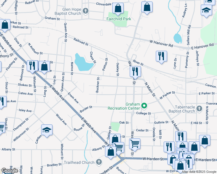 map of restaurants, bars, coffee shops, grocery stores, and more near 512 Climax Street in Graham