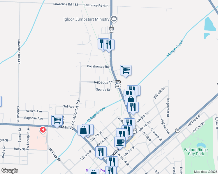 map of restaurants, bars, coffee shops, grocery stores, and more near 207 Rebecca Lane in Walnut Ridge