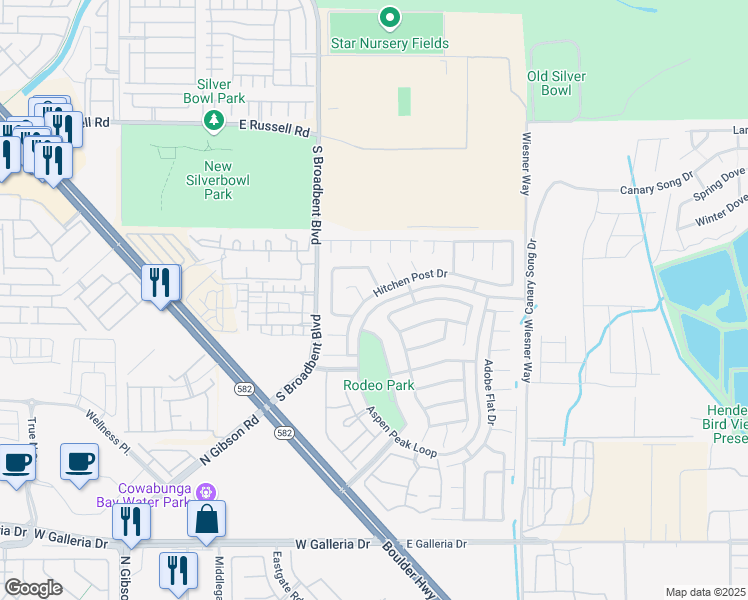 map of restaurants, bars, coffee shops, grocery stores, and more near 733 Hitchen Post Drive in Henderson