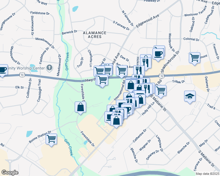 map of restaurants, bars, coffee shops, grocery stores, and more near 2950 South Church Street in Burlington